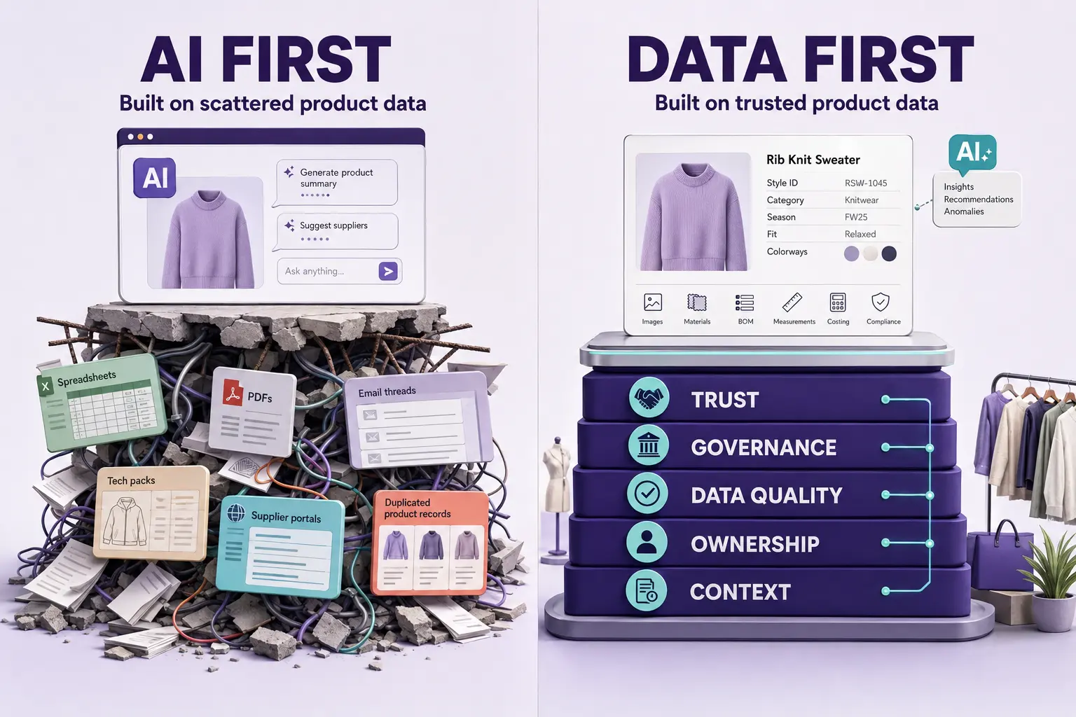 AI-first implementation on scattered fashion product data compared with a trusted data-first foundation