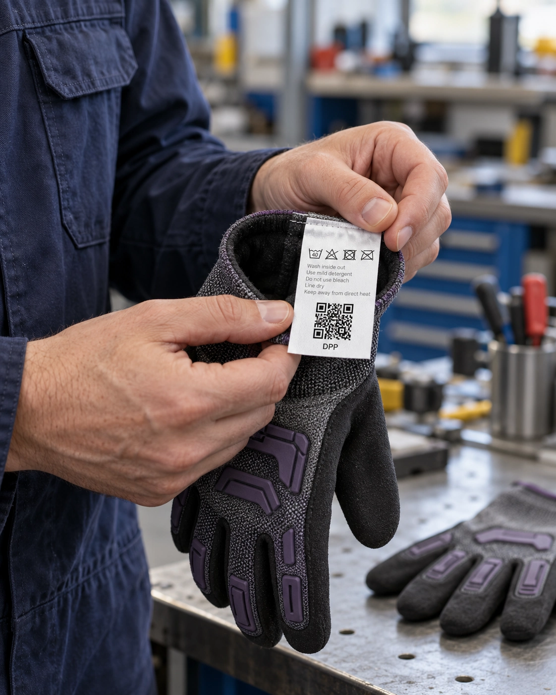 Person checking the care label on a safety glove before use